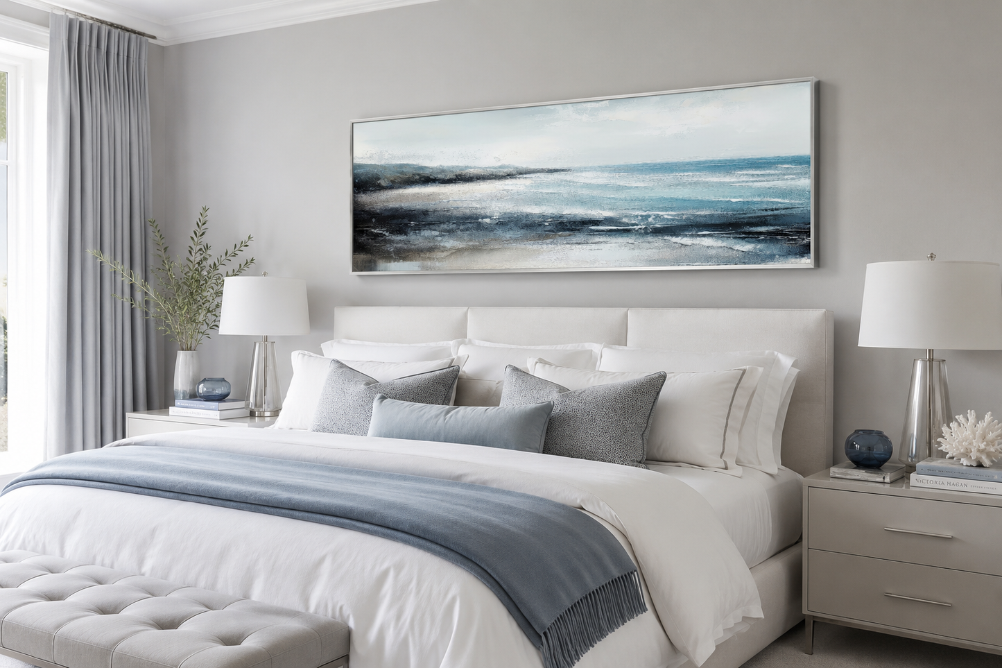 Aqua Blue Ocean Beach Coastal Wall Art Over Bed Framed Canvas Wall Art