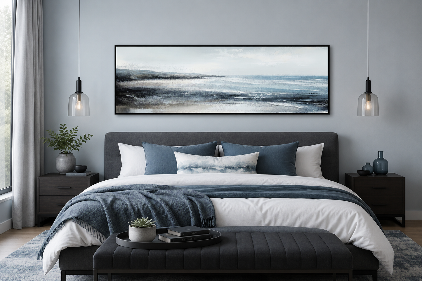 Aqua Blue Ocean Beach Coastal Wall Art Over Bed Framed Canvas Wall Art