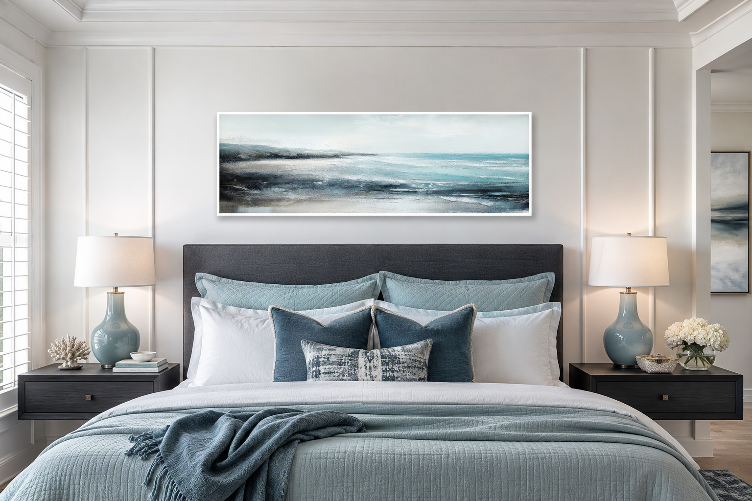 Aqua Blue Ocean Beach Coastal Wall Art Over Bed Framed Canvas Wall Art