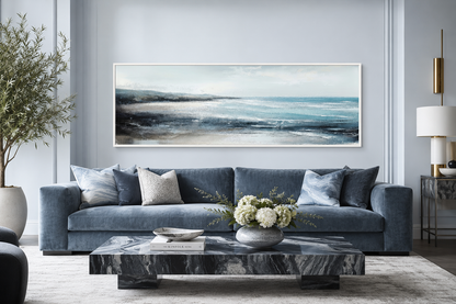 Aqua Blue Ocean Beach Coastal Wall Art Over Bed Framed Canvas Wall Art