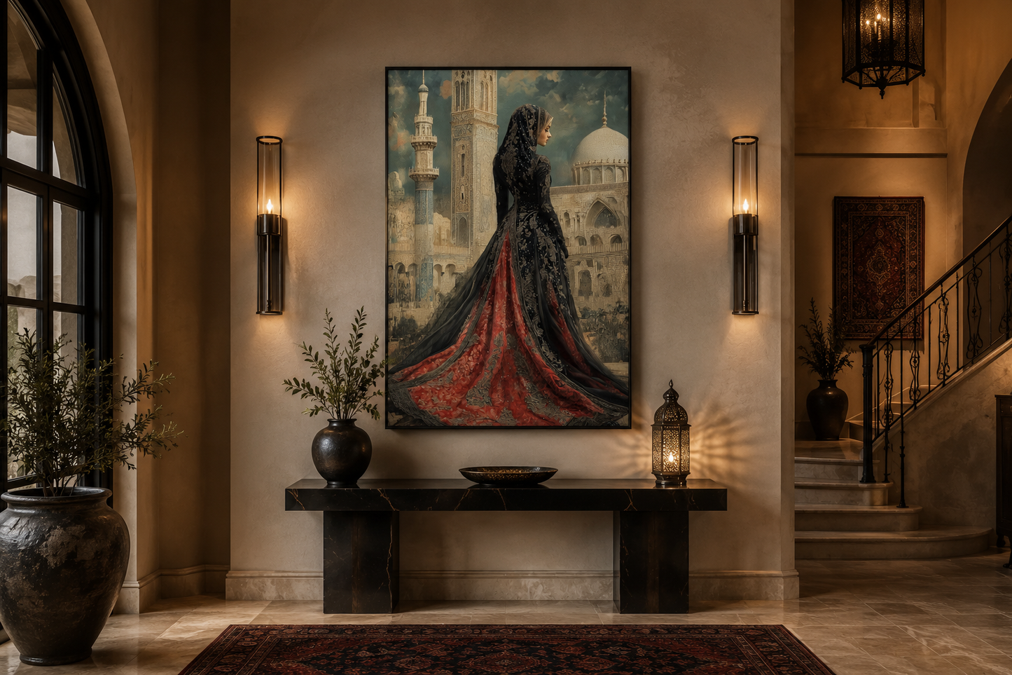 Arabic Princess In Front of Mosque Islamic Framed Canvas Wall Art