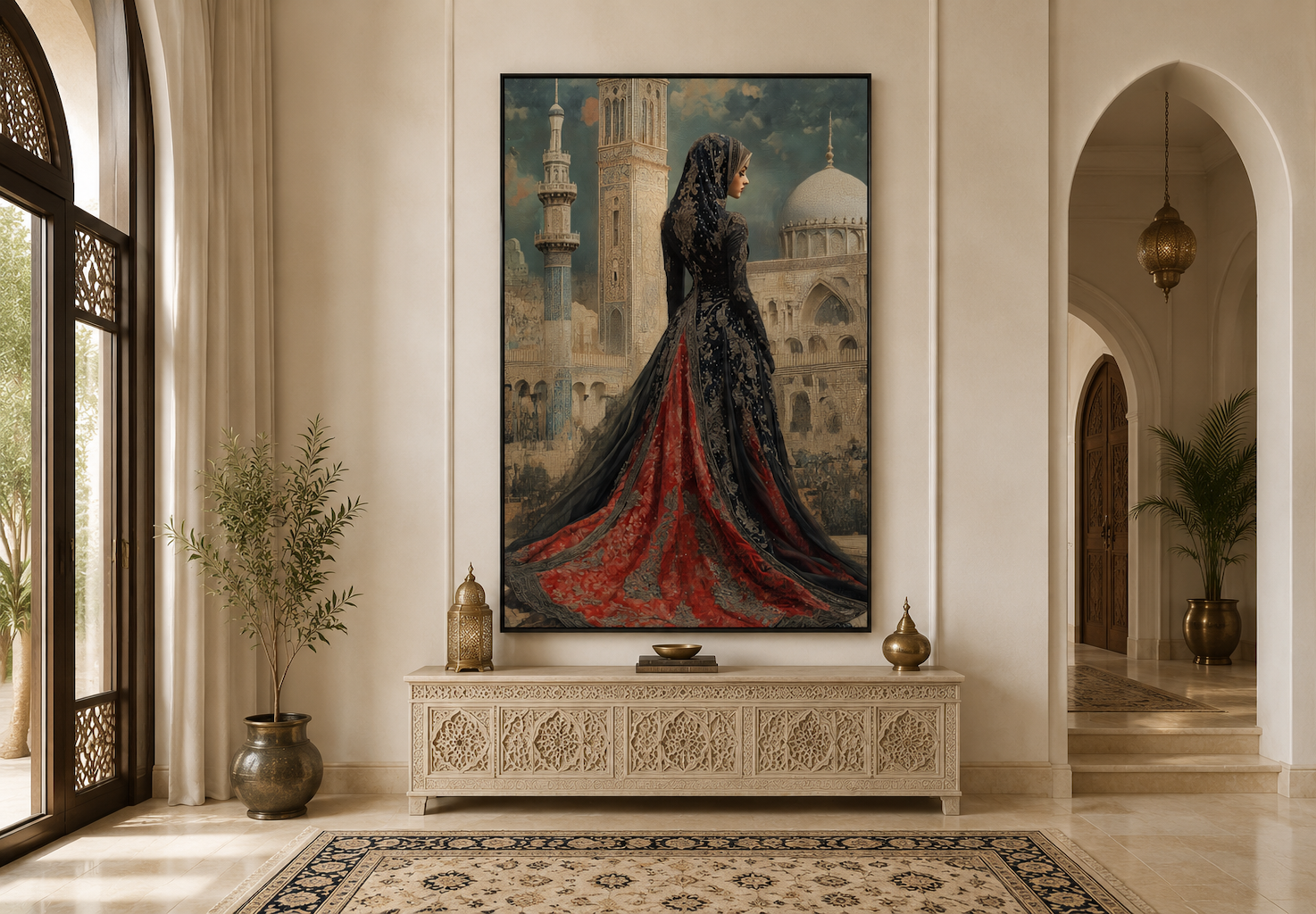 Arabic Princess In Front of Mosque Islamic Framed Canvas Wall Art