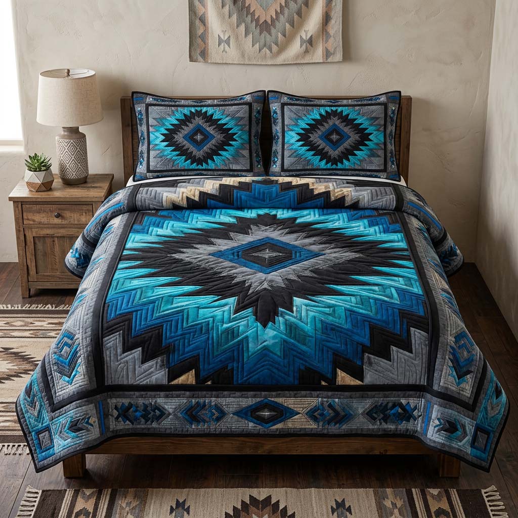 Arctic Blue Star 3-Piece Quilted Bedding Set - Single (59" x 70")