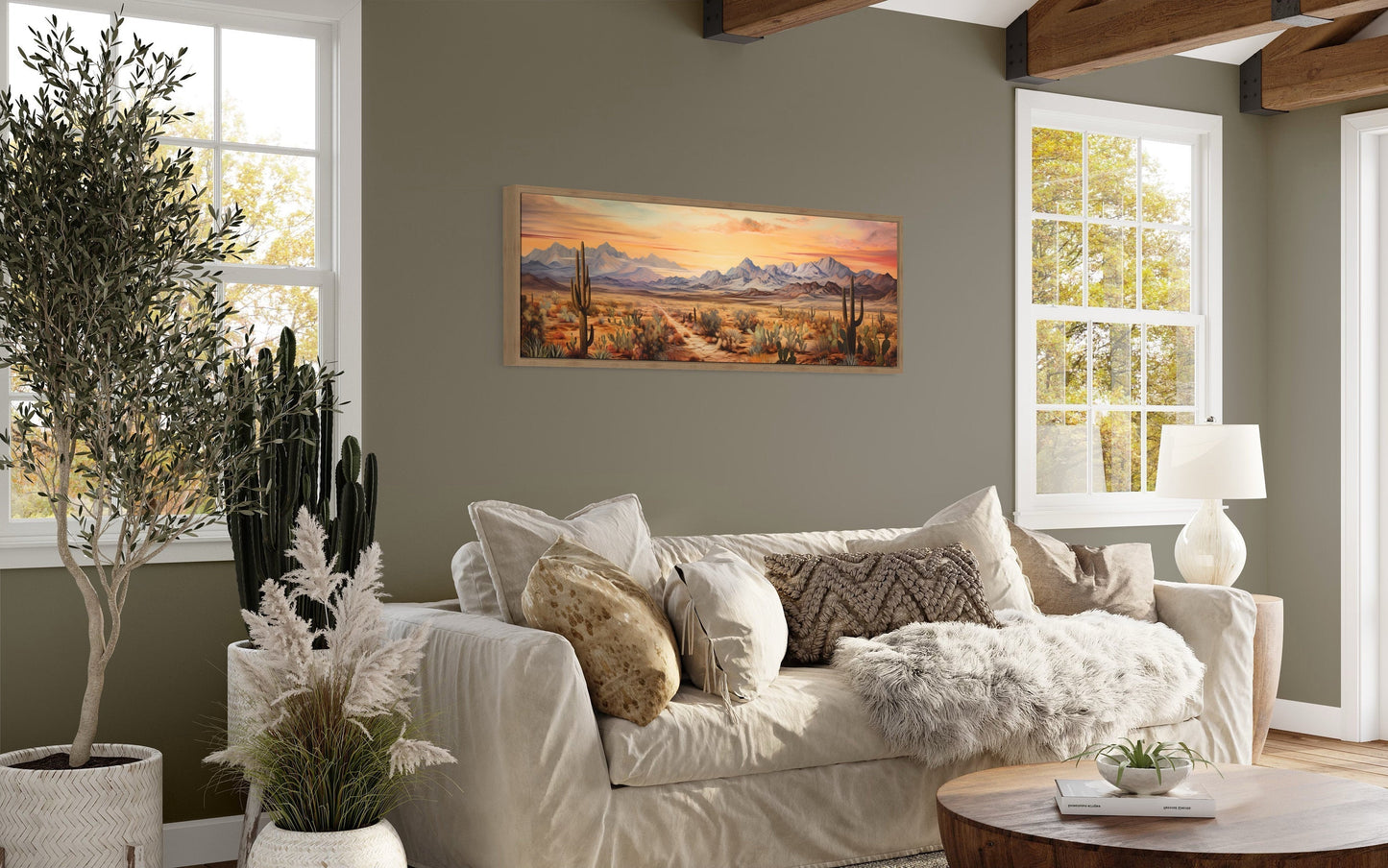 Arizona Desert Landscape At Sunset Long Horizontal Framed Canvas Wall Art