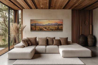 Arizona Desert Landscape At Sunset Long Horizontal Framed Canvas Wall Art