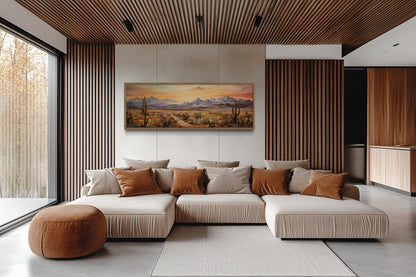 Arizona Desert Landscape At Sunset Long Horizontal Framed Canvas Wall Art