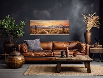 Arizona Desert Landscape At Sunset Long Horizontal Framed Canvas Wall Art