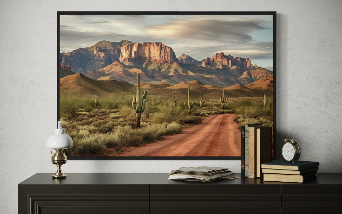 Arizona Desert Landscape The Four Peaks With Saguaro Cactus Framed Canvas Wall Art