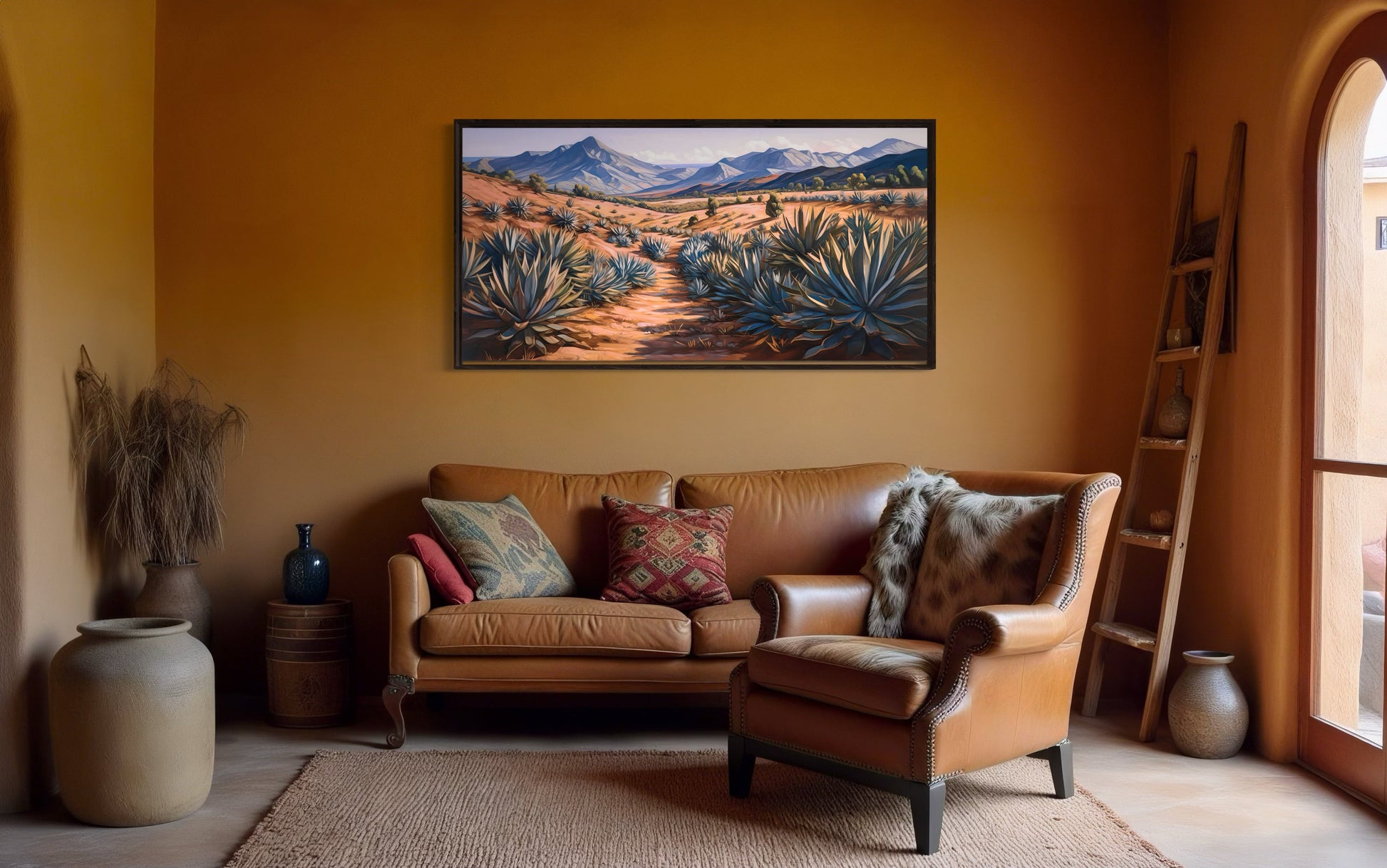Arizona Desert Landscape With Agave Plants Framed Canvas Wall Art
