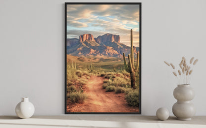 Arizona Desert Painting With Saguaro Cactus Vertical Framed Canvas Wall Art