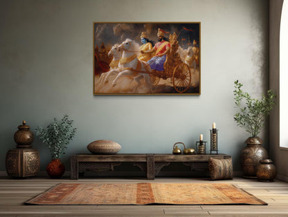 Arjuna and Krishna on a Golden War Chariot Mahabharata Framed Canvas Wall Art