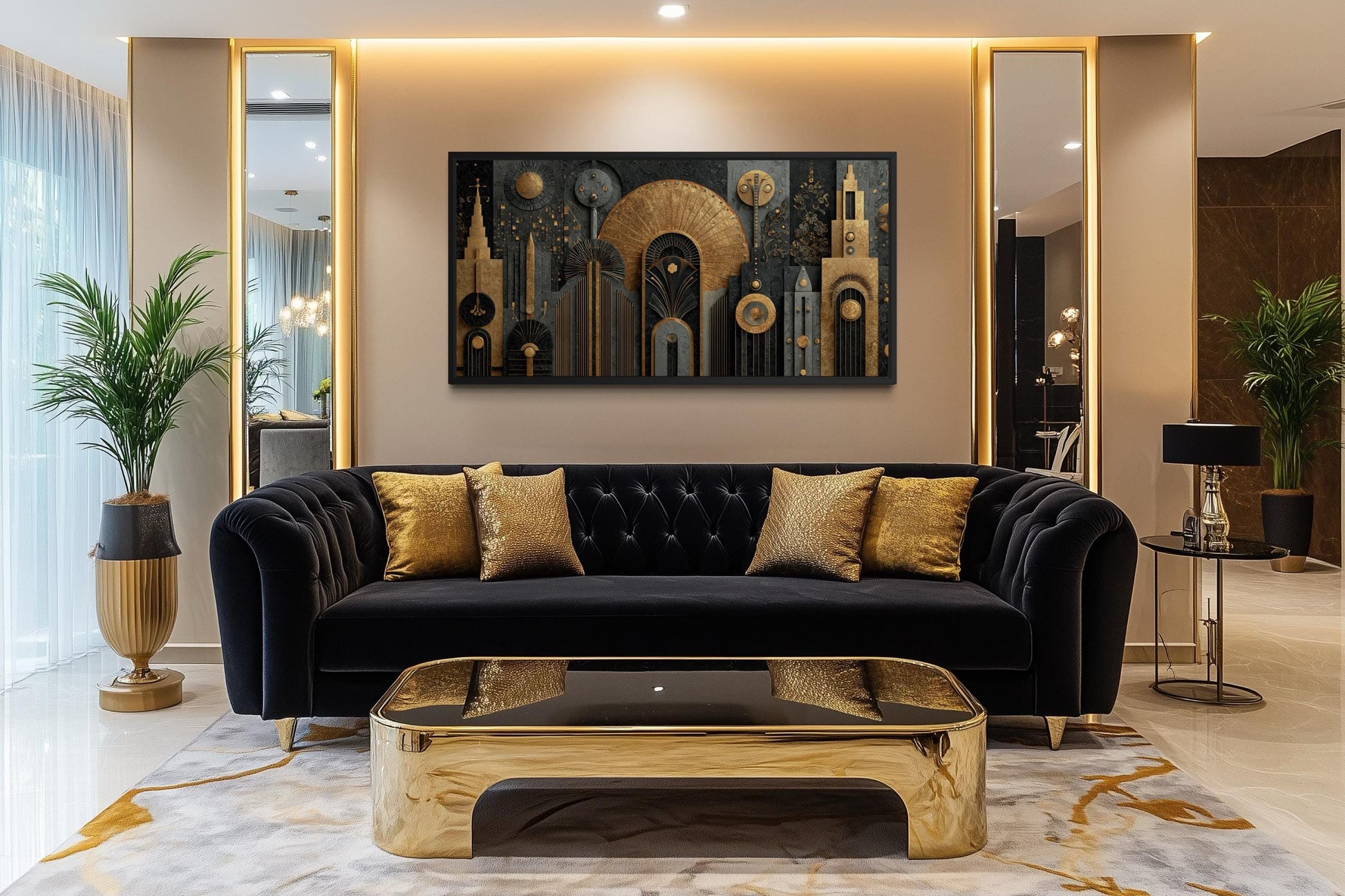 Art Deco Cityscape Wall Art - Black Gold Canvas Print With Geometric Skyline For Office Decor