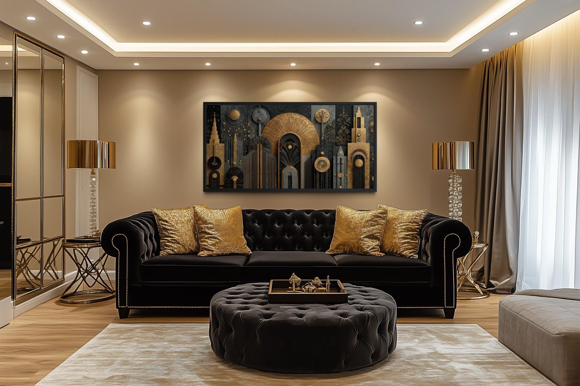 Art Deco Cityscape Wall Art - Black Gold Canvas Print With Geometric Skyline For Office Decor
