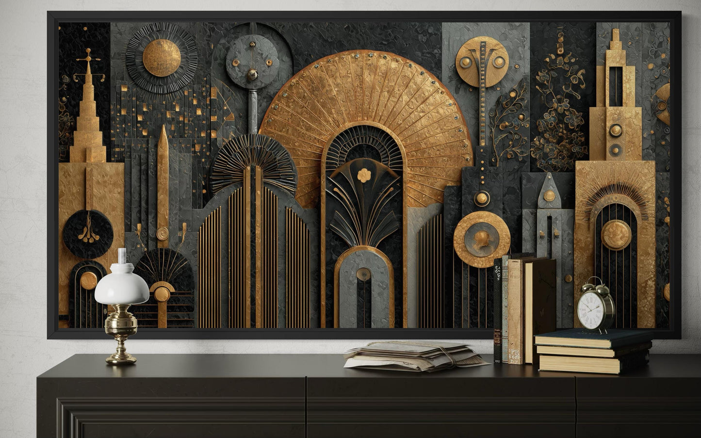 Art Deco Cityscape Wall Art - Black Gold Canvas Print With Geometric Skyline For Office Decor