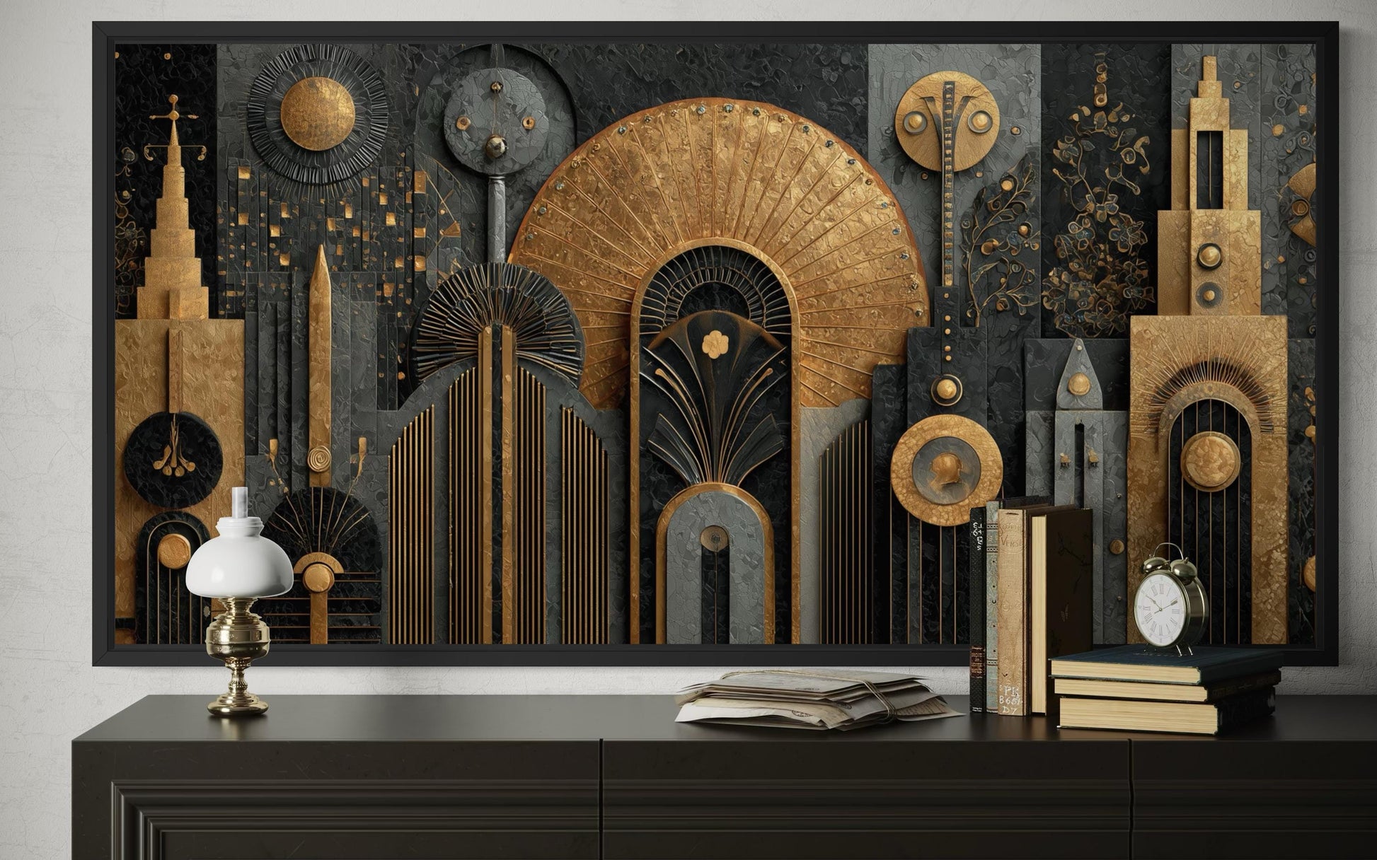 Art Deco Cityscape Wall Art - Black Gold Canvas Print With Geometric Skyline For Office Decor