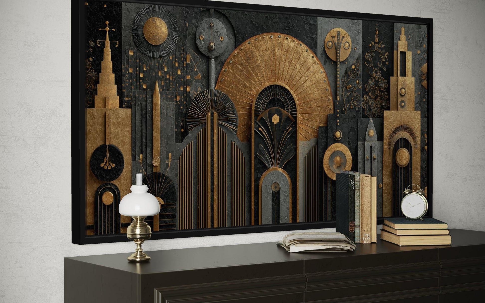 Art Deco Cityscape Wall Art - Black Gold Canvas Print With Geometric Skyline For Office Decor