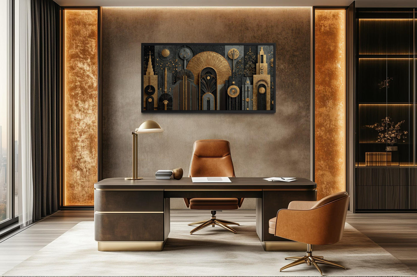 Art Deco Cityscape Wall Art - Black Gold Canvas Print With Geometric Skyline For Office Decor