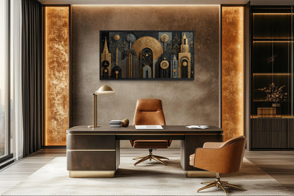 Art Deco Cityscape Wall Art - Black Gold Canvas Print With Geometric Skyline For Office Decor