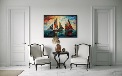 Art Deco Sailboats At Sunset Nautical Framed Canvas Wall Art