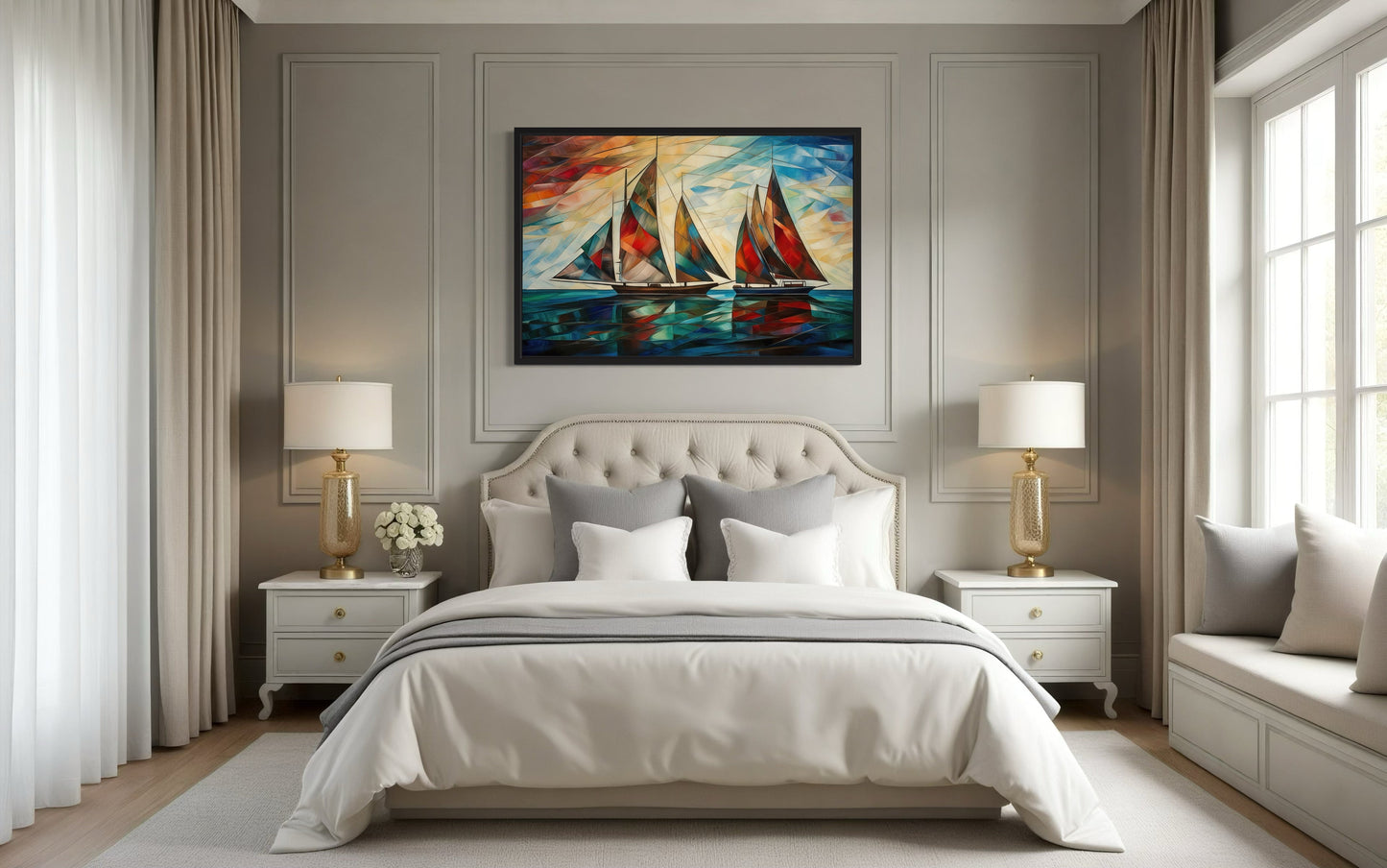 Art Deco Sailboats At Sunset Nautical Framed Canvas Wall Art