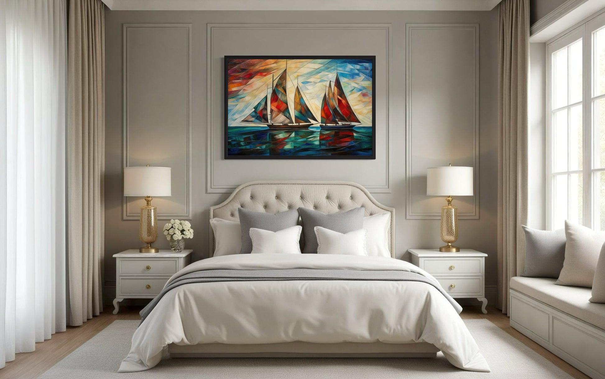 Art Deco Sailboats At Sunset Nautical Framed Canvas Wall Art