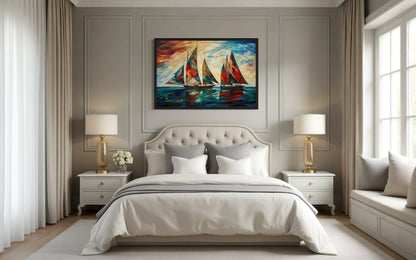 Art Deco Sailboats At Sunset Nautical Framed Canvas Wall Art