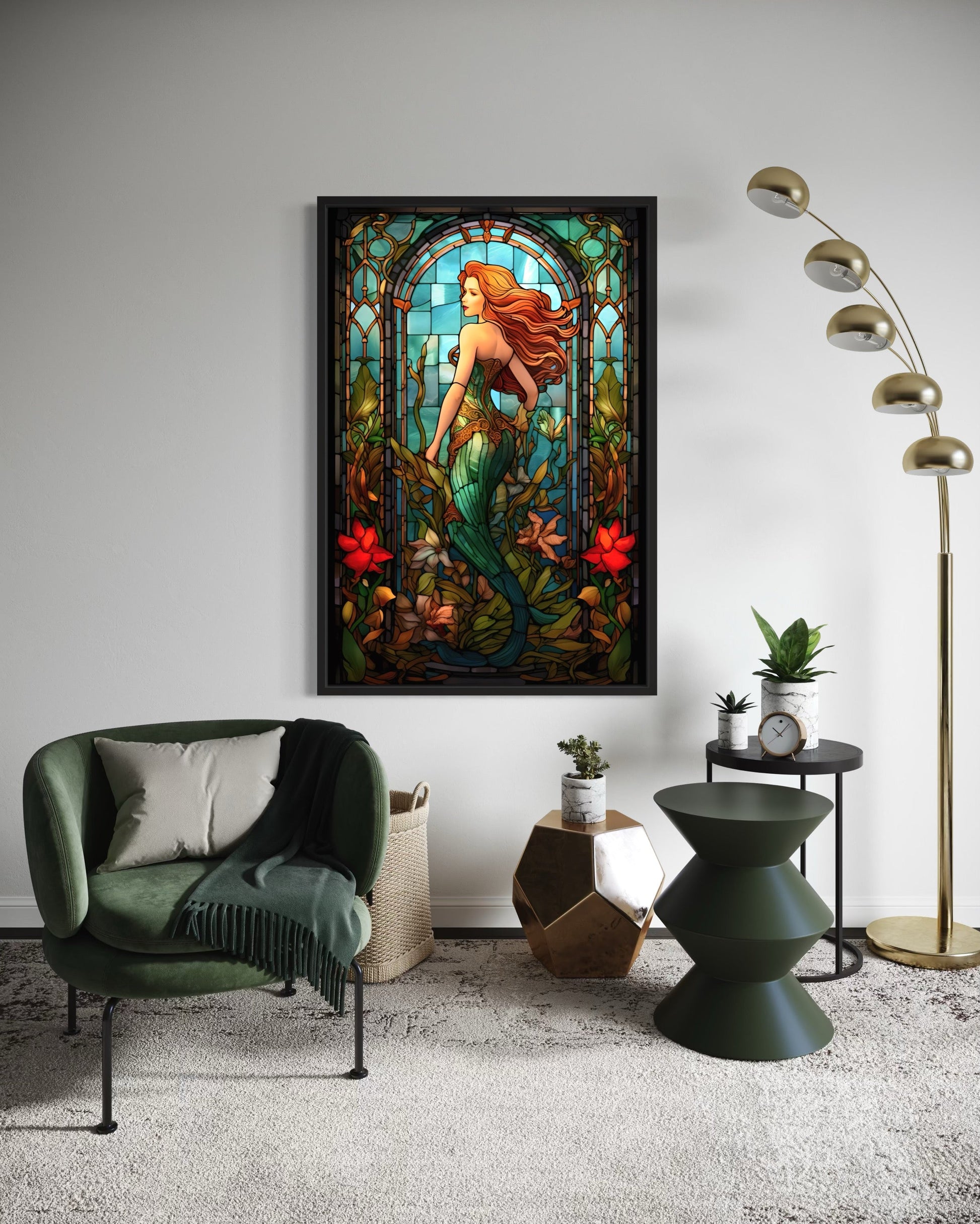 Art Nouveau Mermaid Stained Glass Style Framed Canvas Wall Art