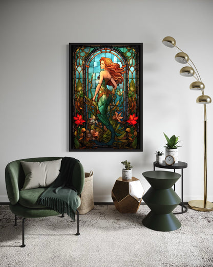Art Nouveau Mermaid Stained Glass Style Framed Canvas Wall Art