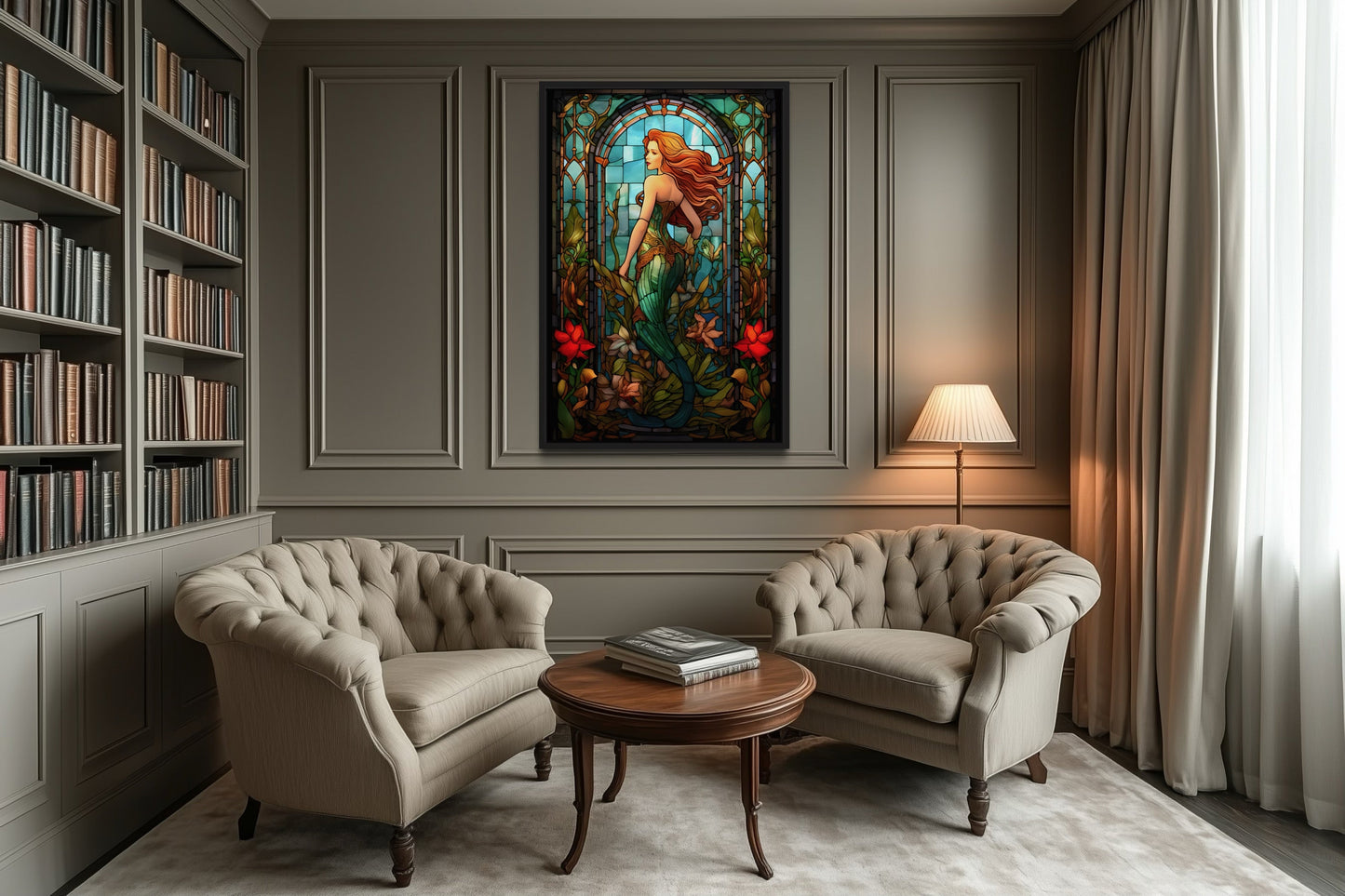 Art Nouveau Mermaid Stained Glass Style Framed Canvas Wall Art