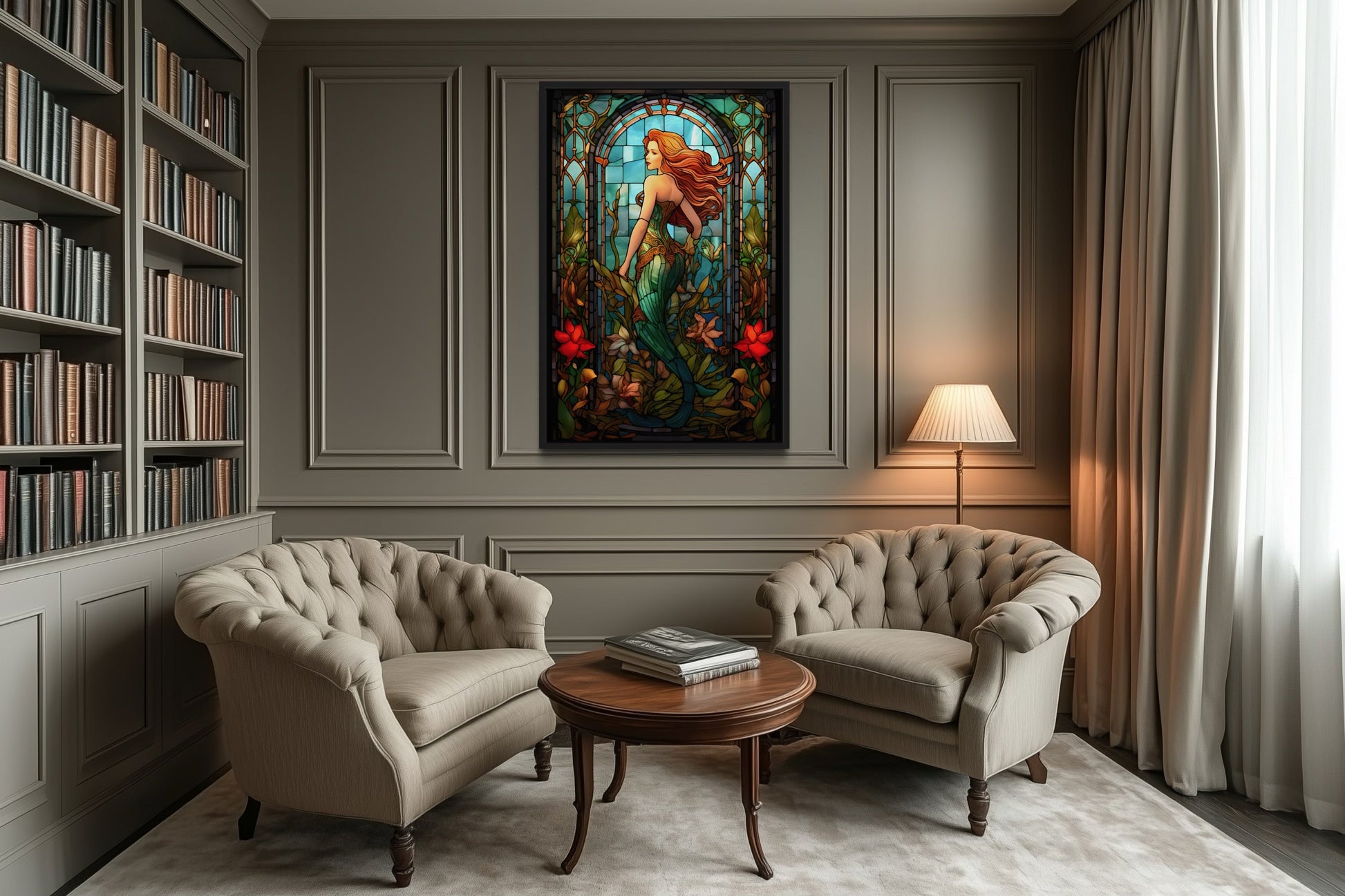 Art Nouveau Mermaid Stained Glass Style Framed Canvas Wall Art