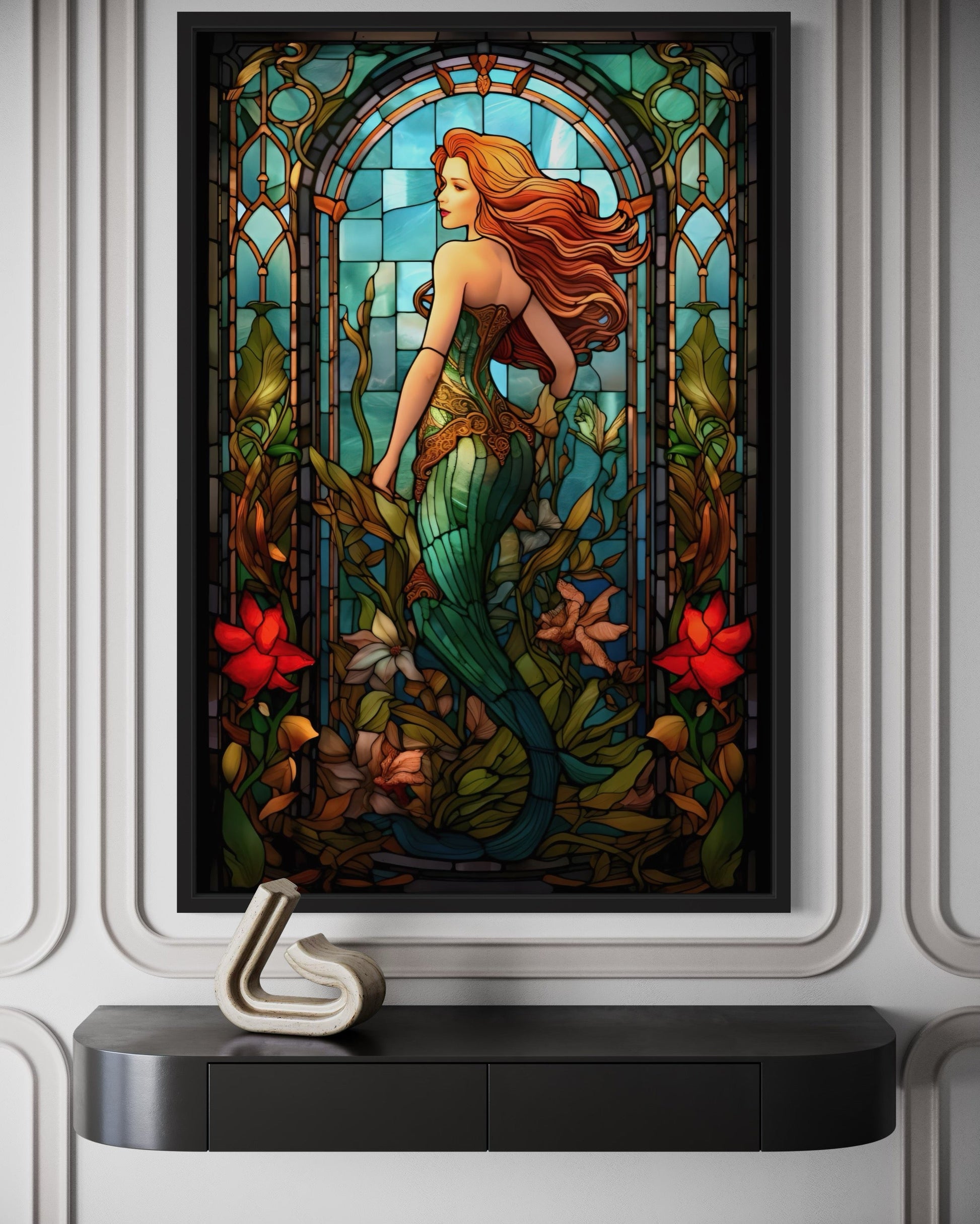 Art Nouveau Mermaid Stained Glass Style Framed Canvas Wall Art