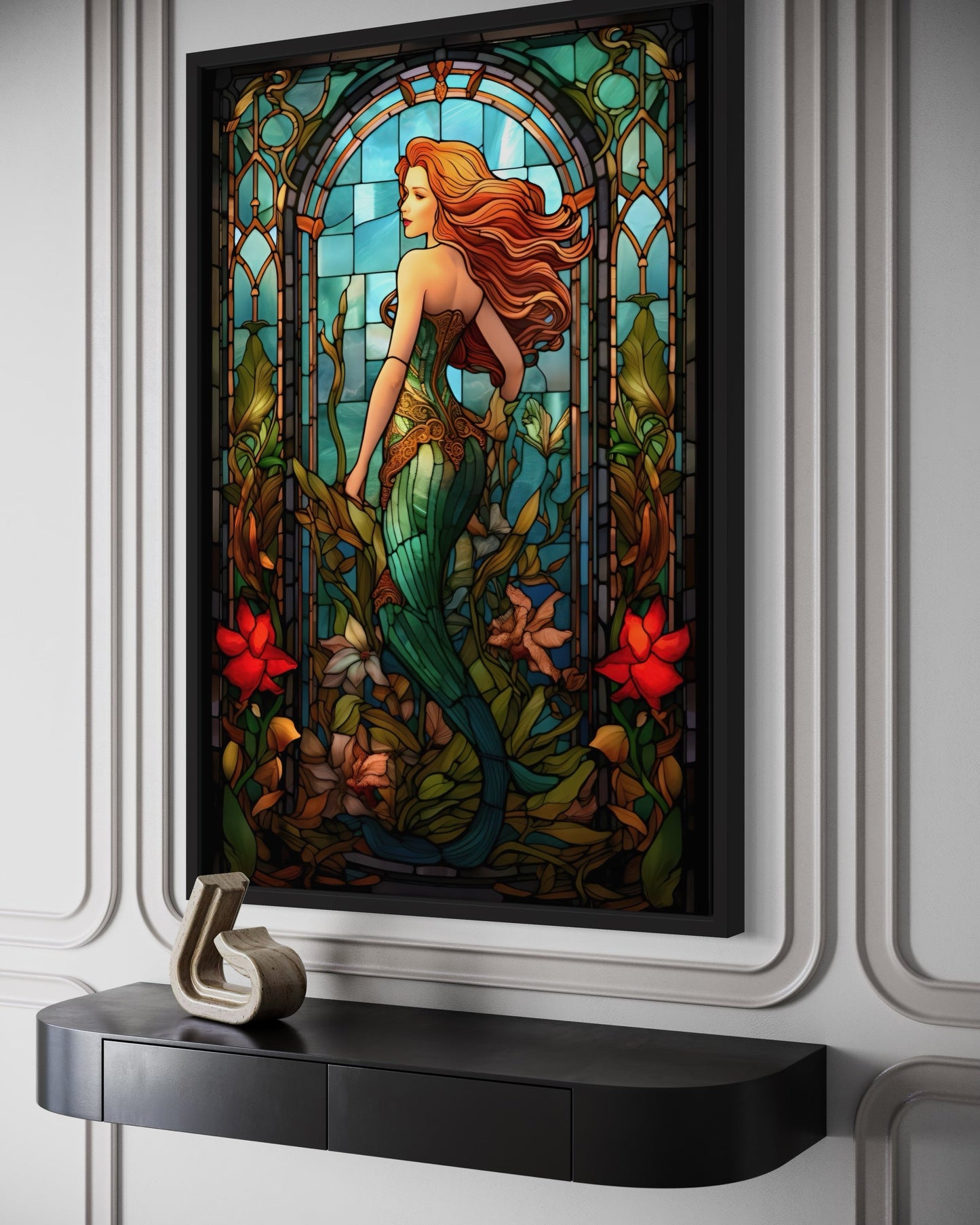 Art Nouveau Mermaid Stained Glass Style Framed Canvas Wall Art