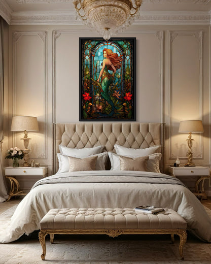 Art Nouveau Mermaid Stained Glass Style Framed Canvas Wall Art