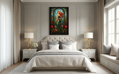 Art Nouveau Mermaid Stained Glass Style Framed Canvas Wall Art