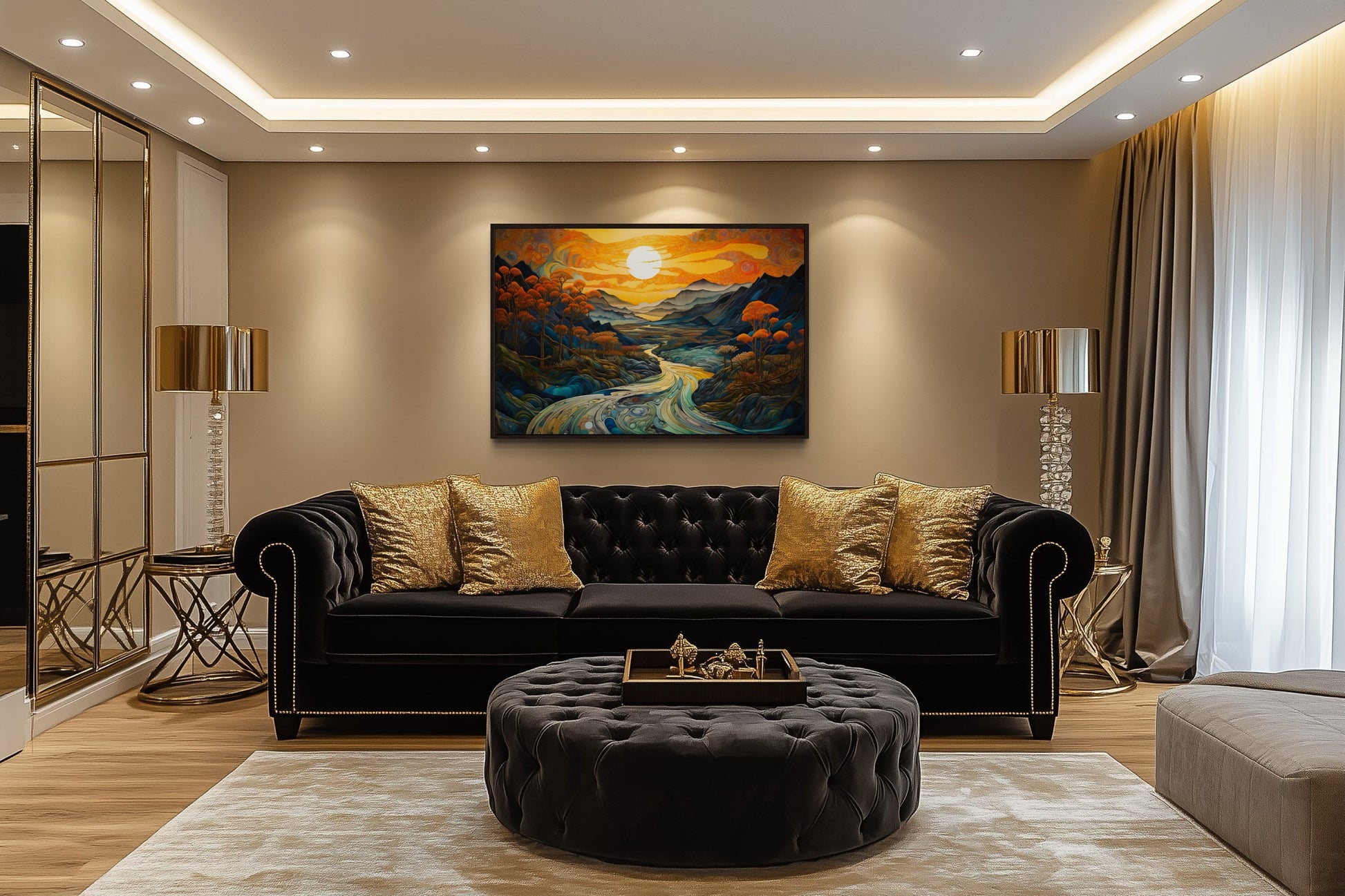 Art Nouveau Sunset Mountains Landscape Framed Canvas Wall Art