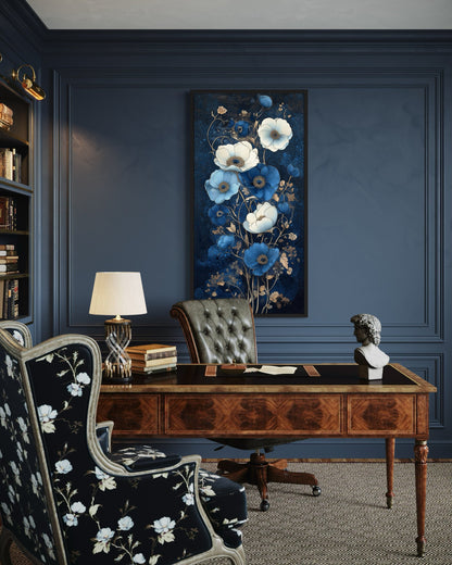 Art Nouveau Wall Art - Blue Floral Canvas | Vertical Framed Boho Decor