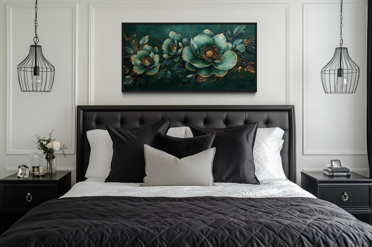 Art Nouveau Wall Art – Emerald Green Gold Floral Canvas Print for Decor