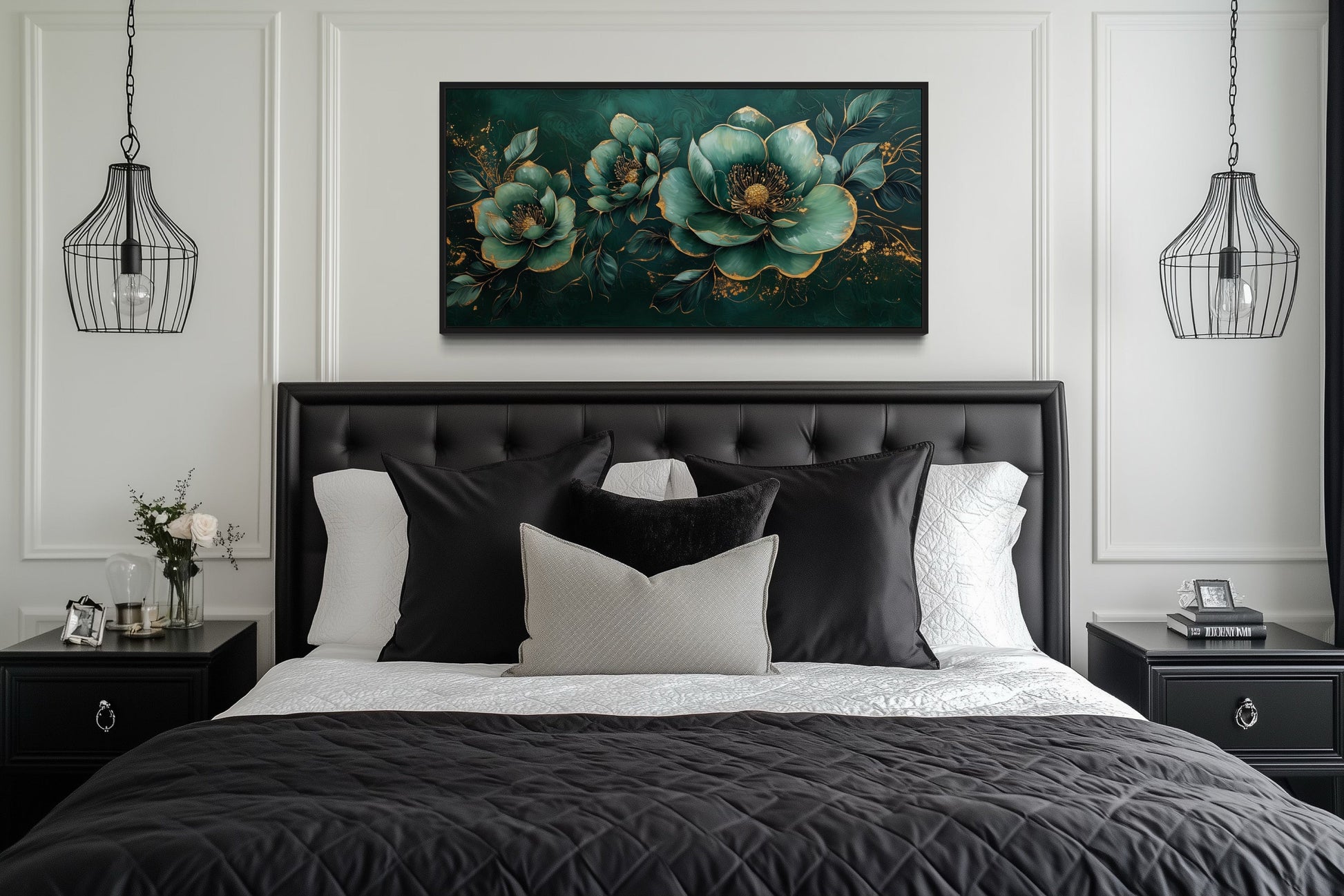 Art Nouveau Wall Art – Emerald Green Gold Floral Canvas Print for Decor