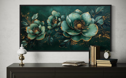 Art Nouveau Wall Art – Emerald Green Gold Floral Canvas Print for Decor