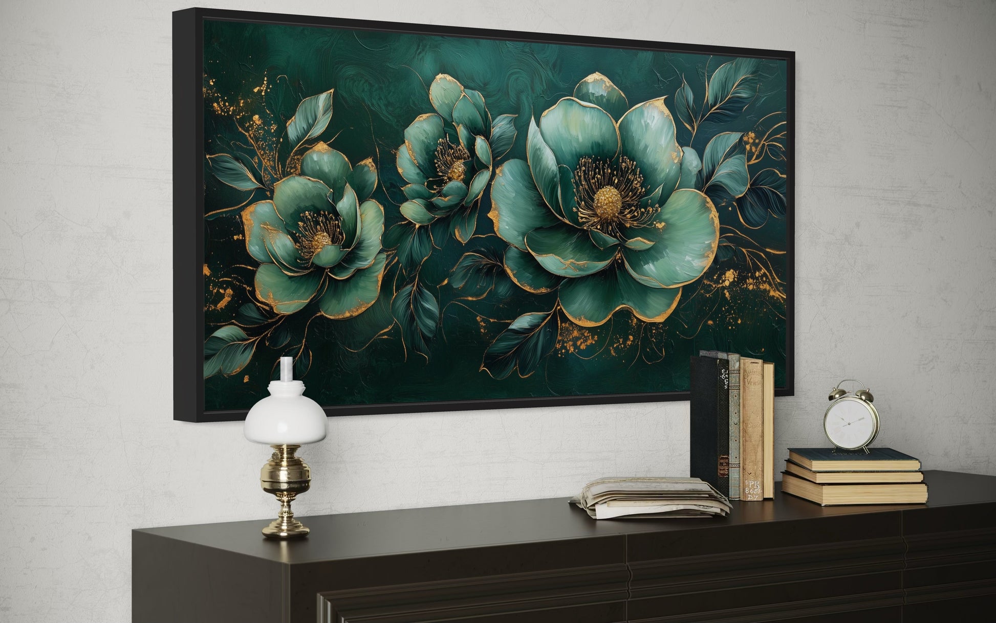 Art Nouveau Wall Art – Emerald Green Gold Floral Canvas Print for Decor