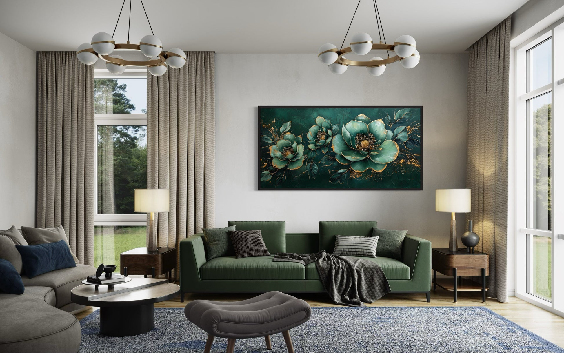 Art Nouveau Wall Art – Emerald Green Gold Floral Canvas Print for Decor