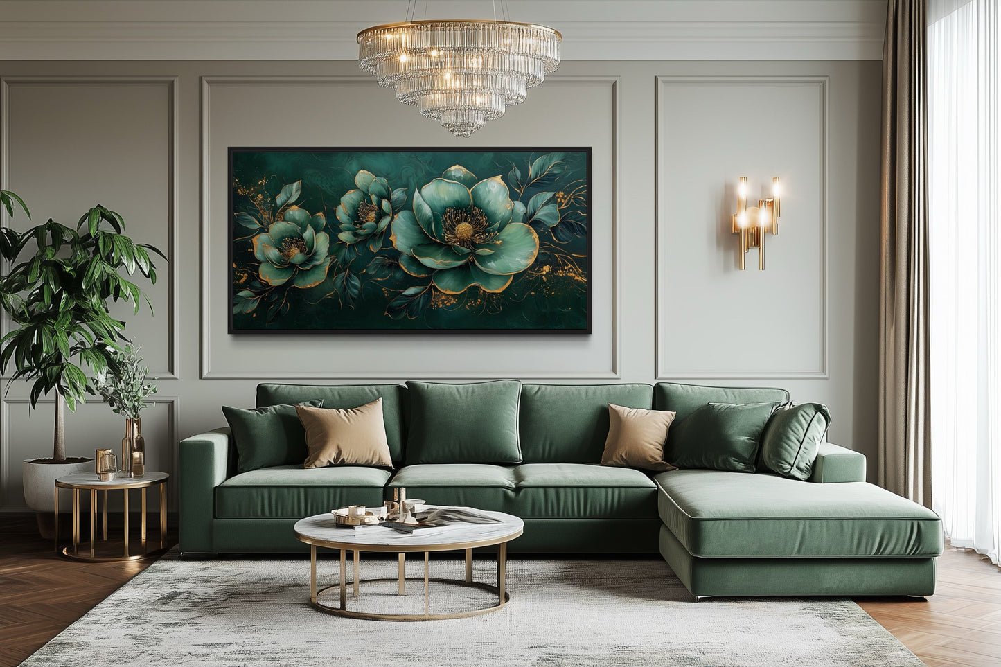 Art Nouveau Wall Art – Emerald Green Gold Floral Canvas Print for Decor