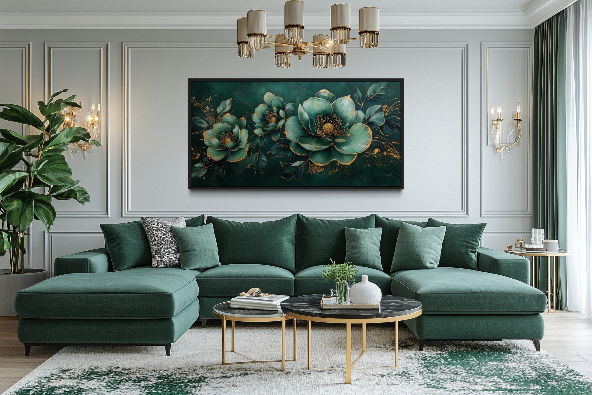 Art Nouveau Wall Art – Emerald Green Gold Floral Canvas Print for Decor