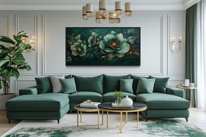 Art Nouveau Wall Art – Emerald Green Gold Floral Canvas Print for Decor