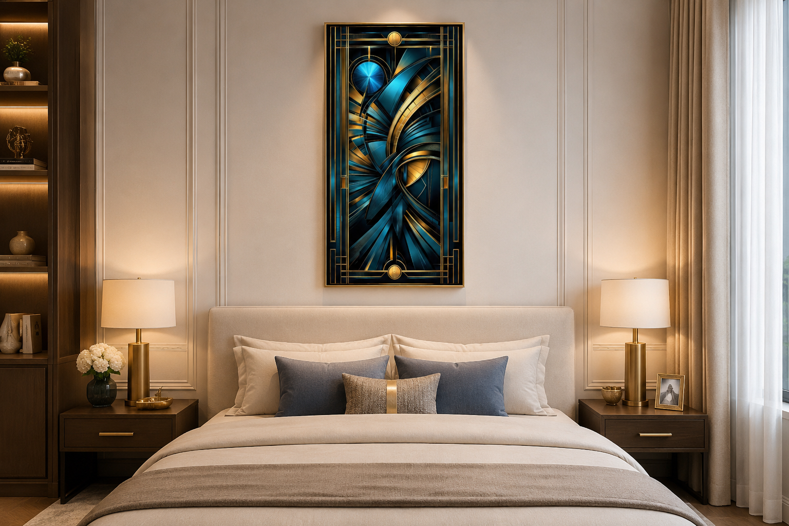 Navy Blue Gold Long Vertical Art Deco Framed Wall Art