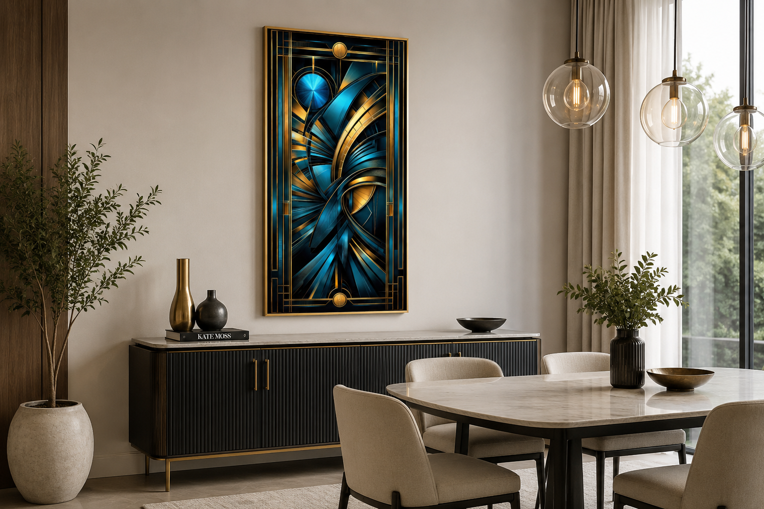 Navy Blue Gold Long Vertical Art Deco Framed Wall Art