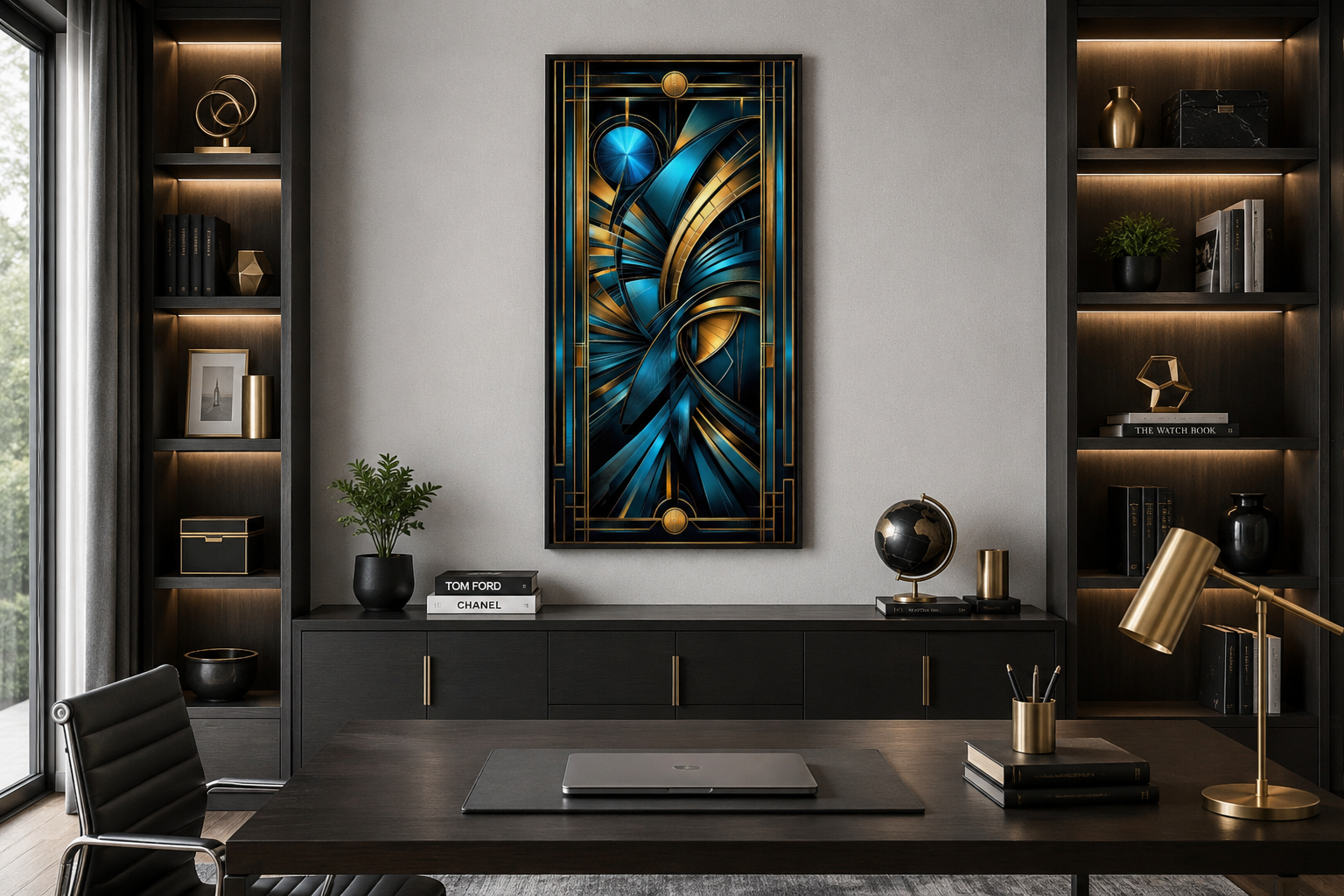 Navy Blue Gold Long Vertical Art Deco Framed Wall Art