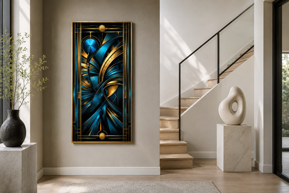 Navy Blue Gold Long Vertical Art Deco Framed Wall Art