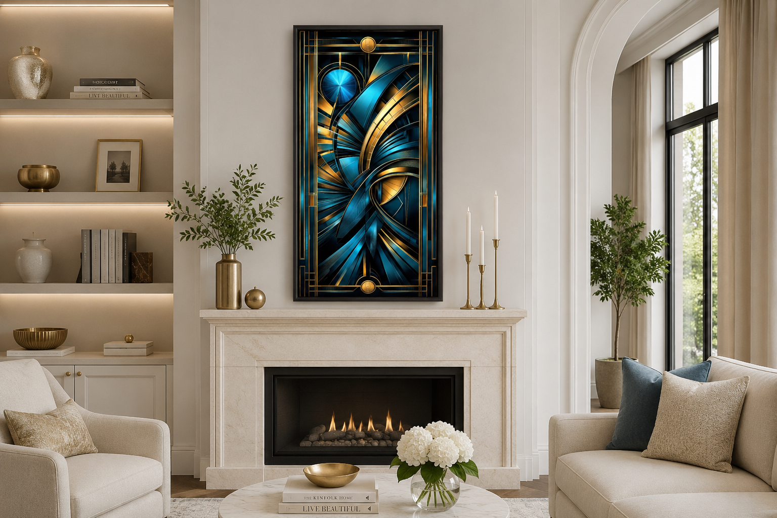 Navy Blue Gold Long Vertical Art Deco Framed Wall Art