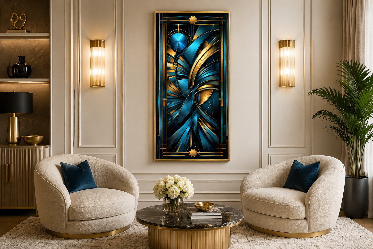 Navy Blue Gold Long Vertical Art Deco Framed Wall Art